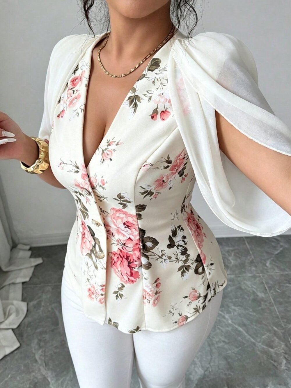 Multicolor Elegant Women's Regular Fit Printed Puff Sleeve V-Neck Wrap Blazer
